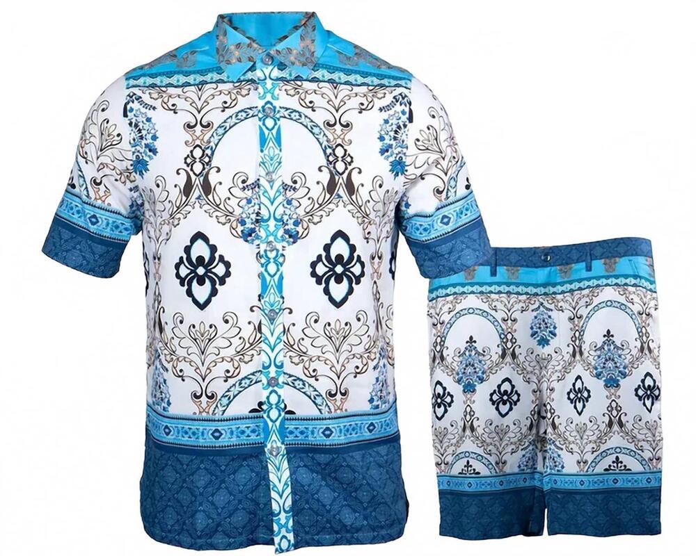 NEW PRESTIGE ORIGINAL men's luxury linen shorts set in blue